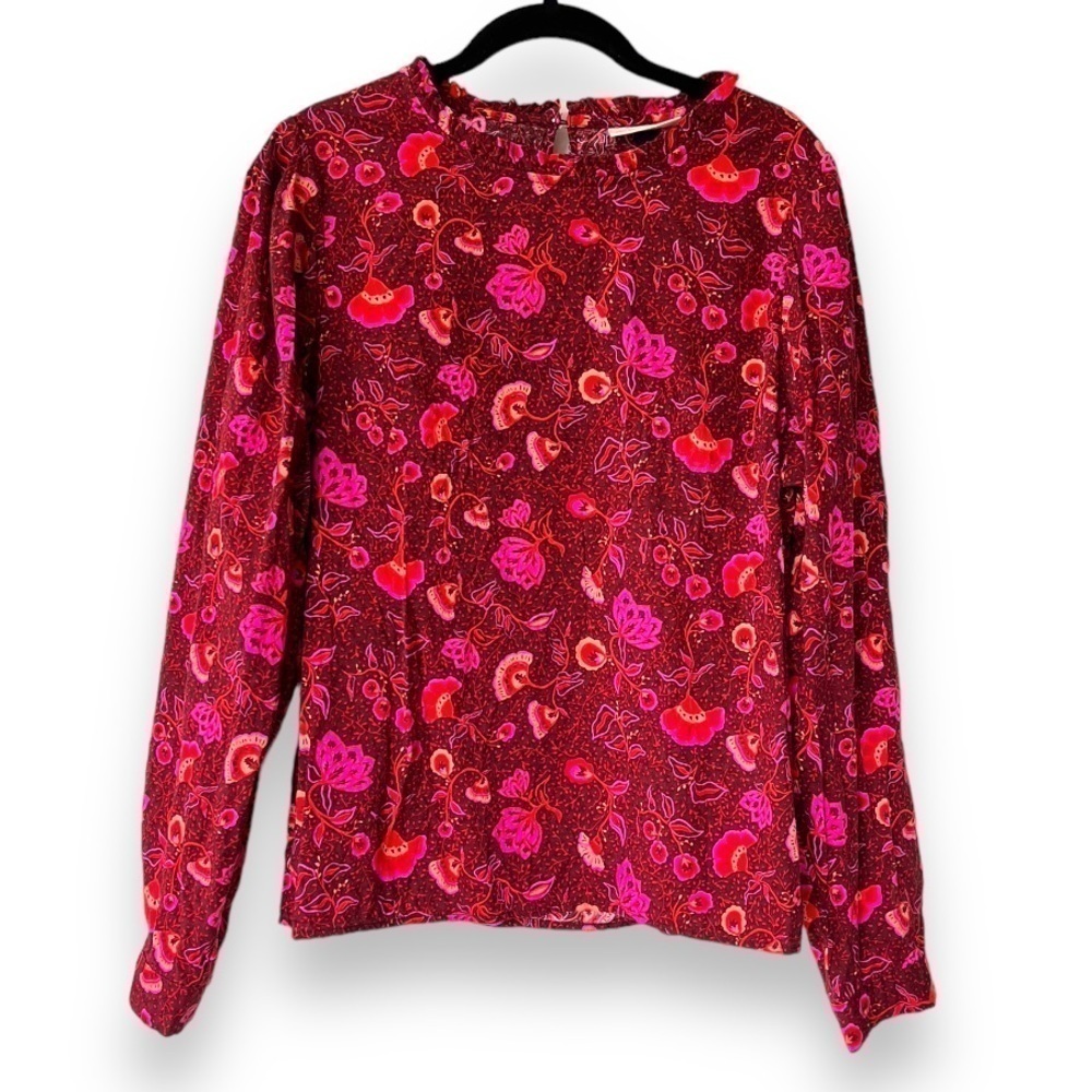 Universal Thread Purple Red Vintage Floral Cotton High Neck Long Sleeve Blouse